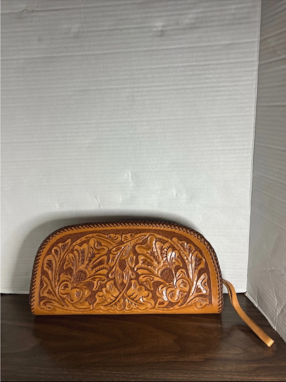 Hand-Tooled Leather Wristlet Clutch in Tan Brown